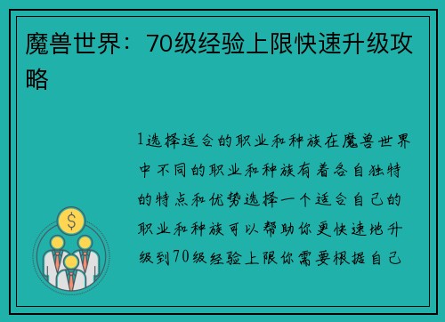 魔兽世界：70级经验上限快速升级攻略